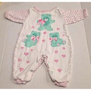 Vintage Honors Baby Bodysuit Green Bears and Pink Hearts Size 3-6 Months
